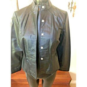 I.E. Women's Black Leather Jacket Snap Buttons Slim Cropped Size PM